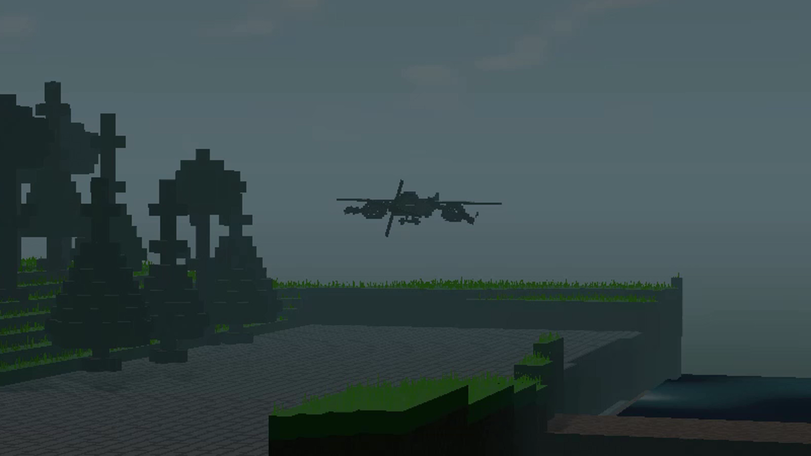 Průlet bojového letounu nad voxelovou mapou v Unity